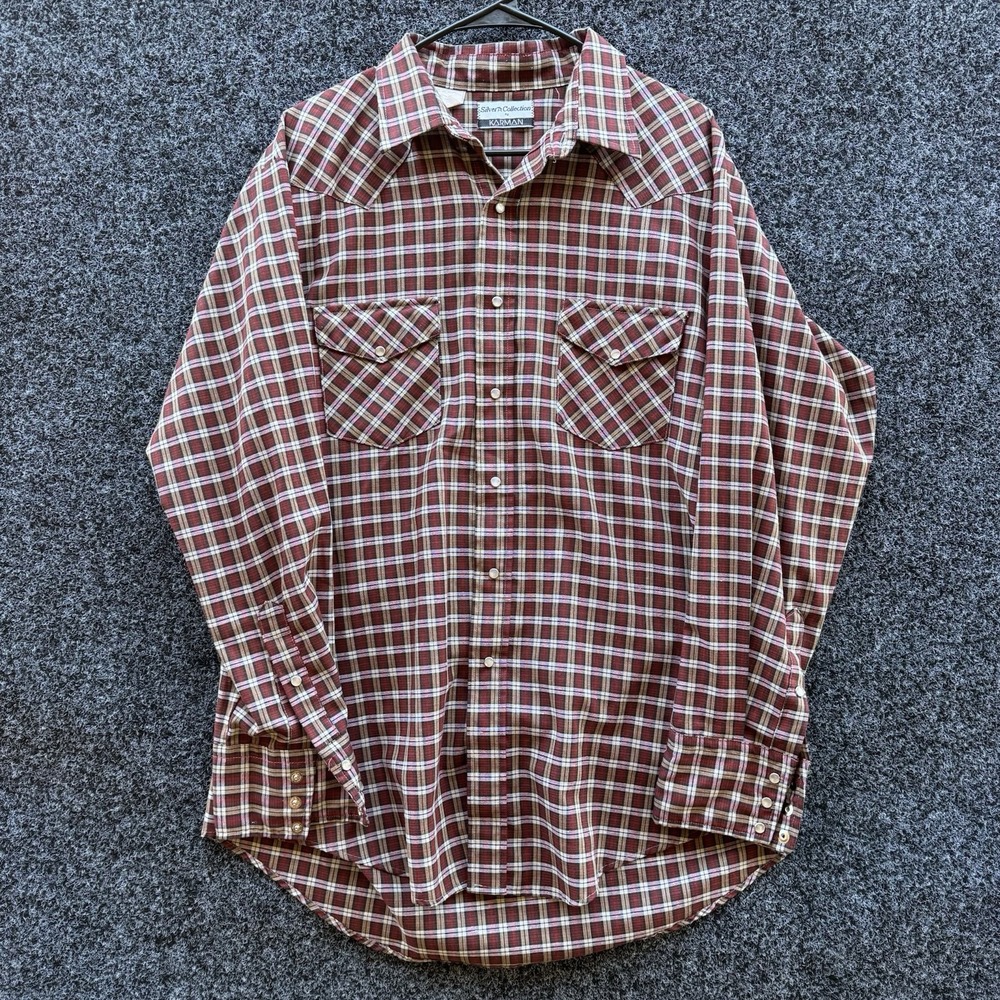 VTG Karman Pearl Snap Western Shirt Mens Sz XL‎ Red Blue Plaid Cowboy Rockabilly